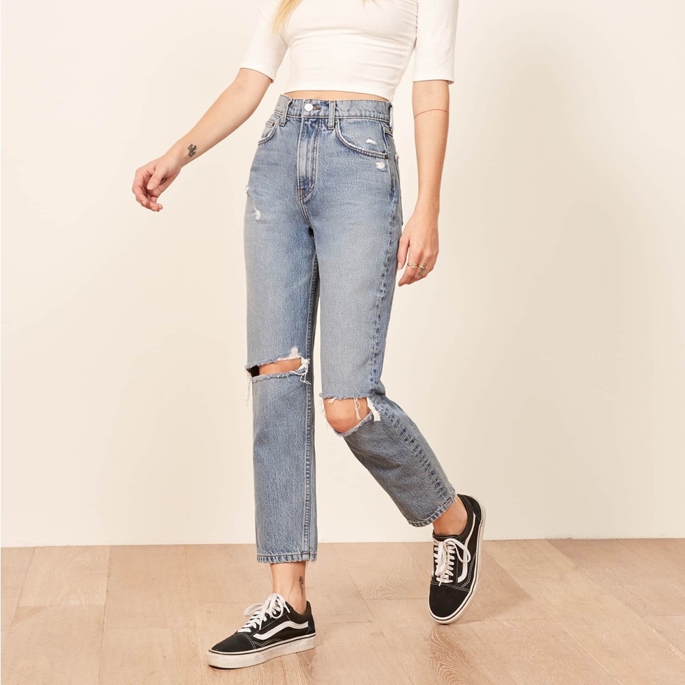 Reformation Light Blue High-Rise Distressed Jeans